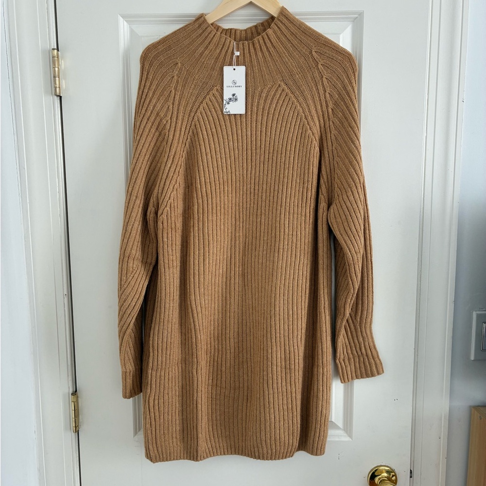 Cozy Tan Ribbed Sweater Dress